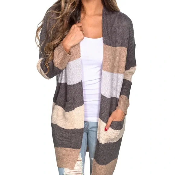 Dreamers Sweaters Dreamers Striped Open Front Pocket Duster
